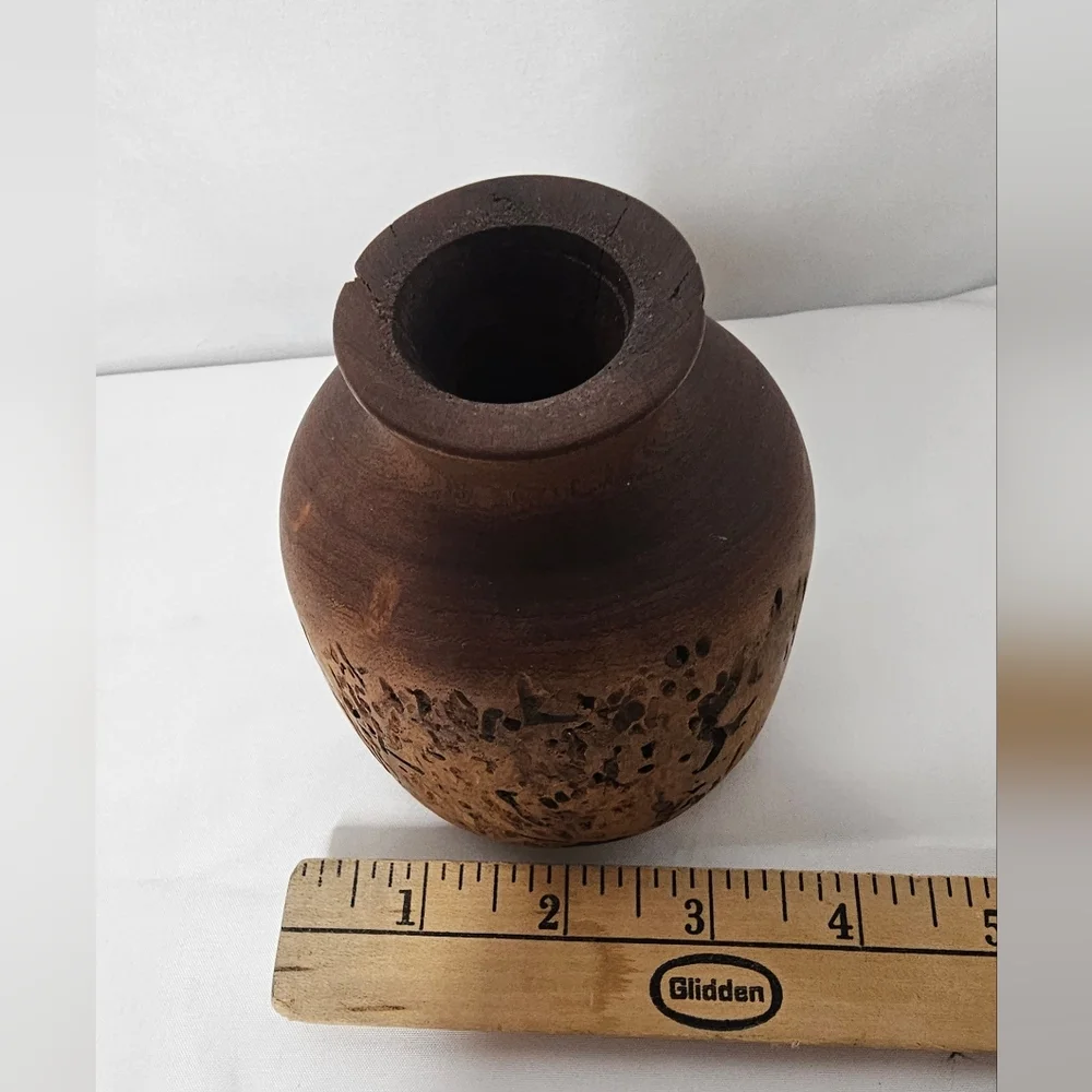 Artisan Carved Burl Wood Bud Vase Vintage Rustic Decor Natural Wood Grain Textur